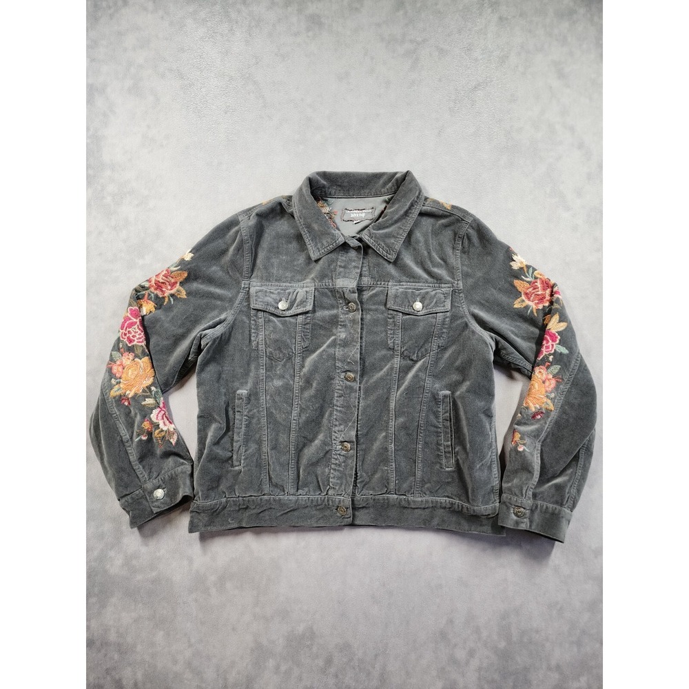 Johnny Was Workshop Jacket Women's L Gray Floral Velvet Embroidered Button Front